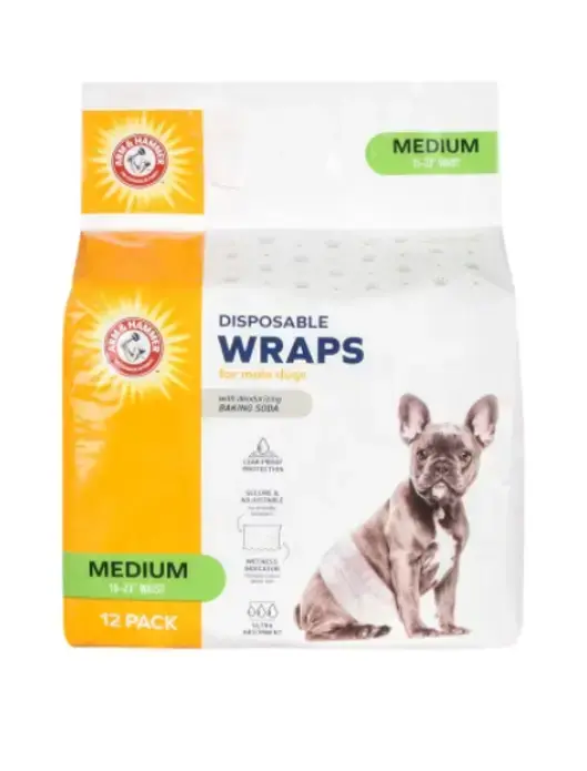 Arm & Hammer disposable wraps for dogs, medium size packaging and french bulldog.