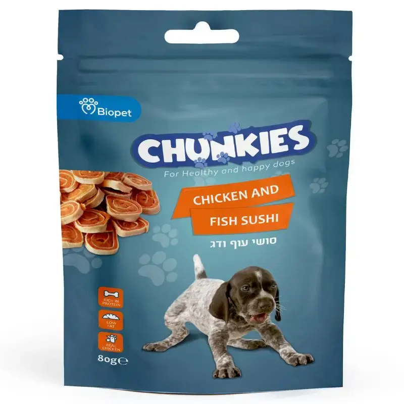צ'אנקיז סושי עוף וסלמון 80 גרם Chunkies, ביופט, עוף וסלמון לכלבים, VetAmin Shop