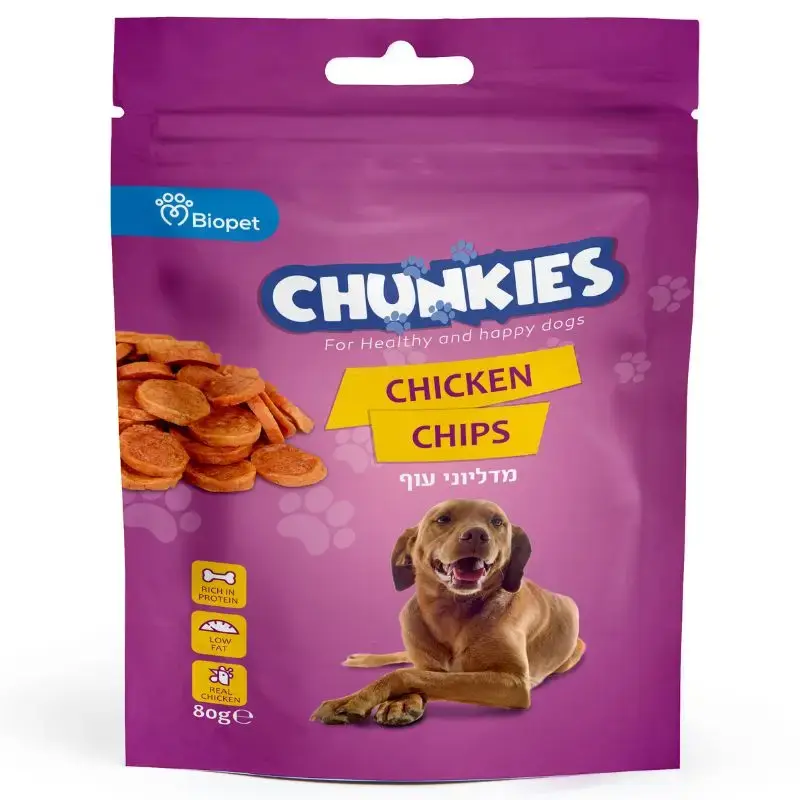 צ'אנקיז חטיף צ'יפס 80 גרם Chunkies, חטיף לכלבים, Chicken Chips, בטעם עוף, VetAmin Shop