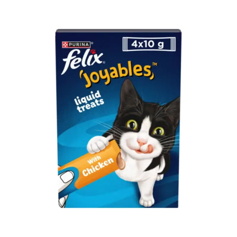 חתול מצויר מחזיק חטיף Felix Joyables, liquid treats with chicken 4x10g.