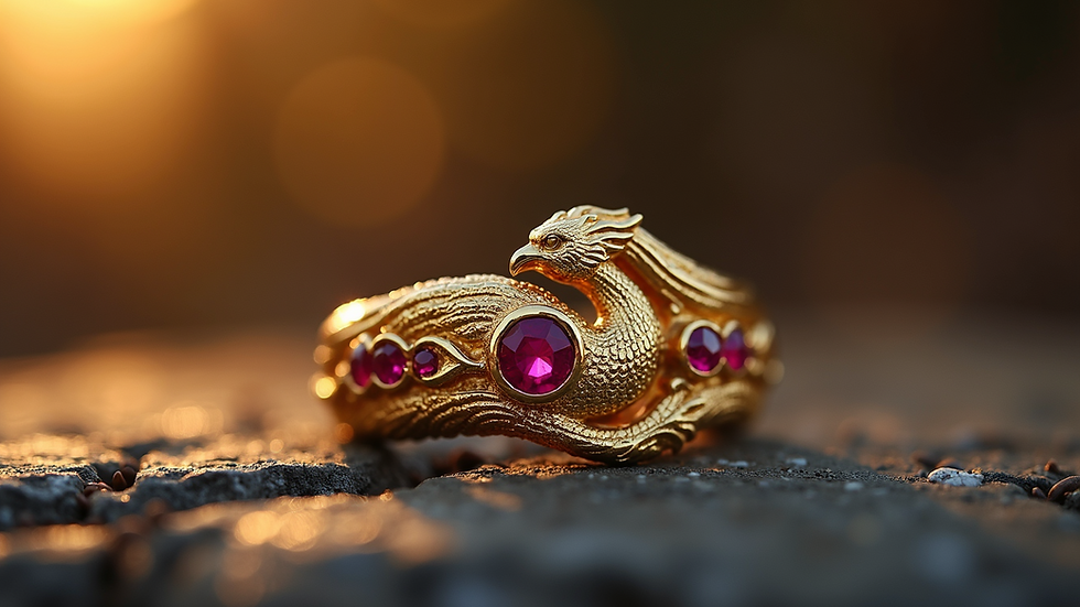 Eye-level view of a gold phoenix ring with ruby accents