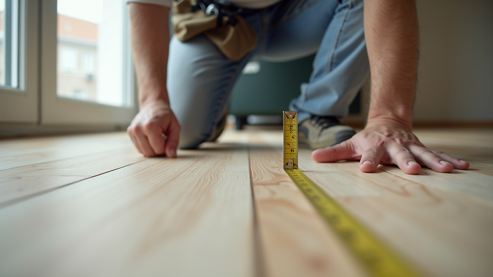 Eye-level view of flooring installer measuring floor area