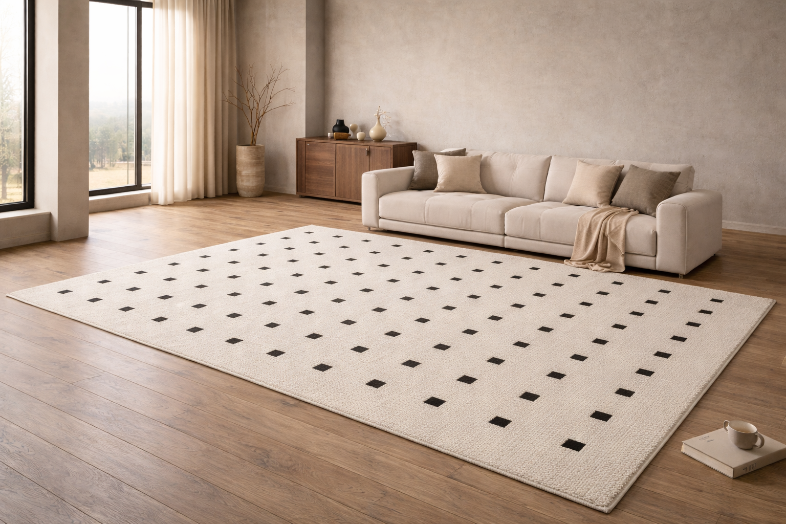 Modern Minimalist Grid Area Rug – Black Check Pattern on Beige Base, 94" x 159"