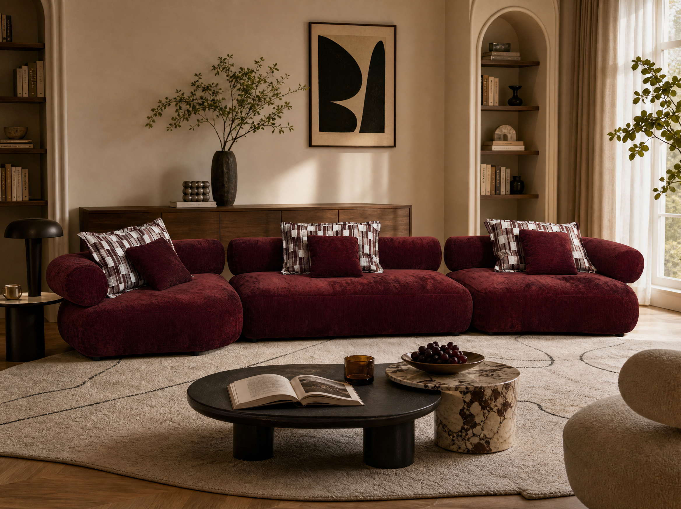 The Sereno Curved Velvet Modular Sectional Sofa with Round Chaise