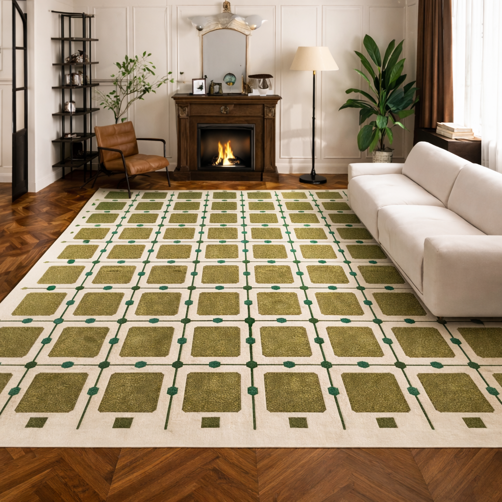 Avocado Green Checkered Area Rug – Beige Base, 80" x 118"