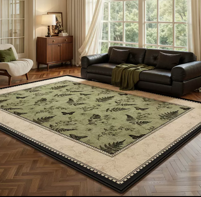 Thumbnail: French Vintage Dark Green Floral Rug with Black Border – 63" x 91