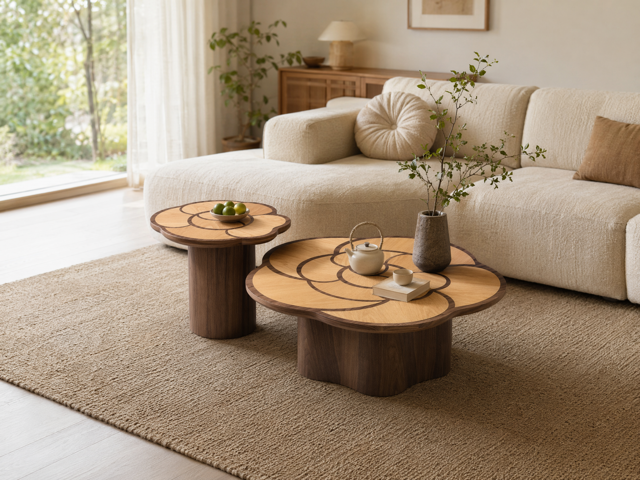 Blossom Solid Wood Coffee Table Set with Petal-Shaped Tabletop