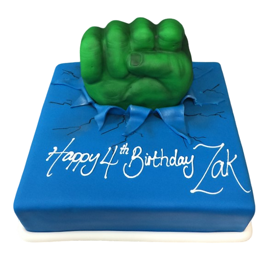 Bespoke Hulk fist cake with detailed green hand on square base, perfect for celebration in Solihull, West Midlands.