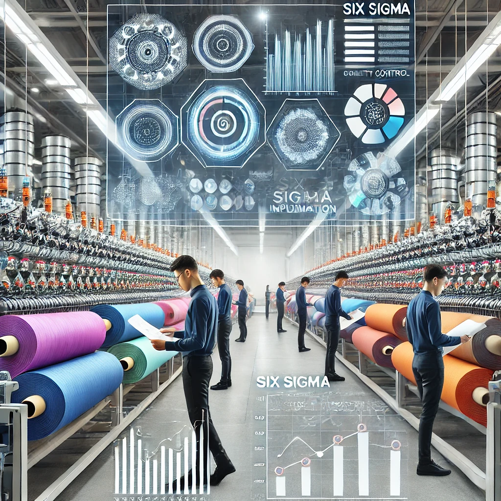 Eine moderne Textilfabrik mit Mitarbeitern, die Stoffe überprüfen. Überlagert sind grafische Elemente wie Diagramme und Qualitätskennzahlen, die die Anwendung von Six Sigma zur Prozess- und Qualitätsverbesserung in der Textilindustrie symbolisieren.