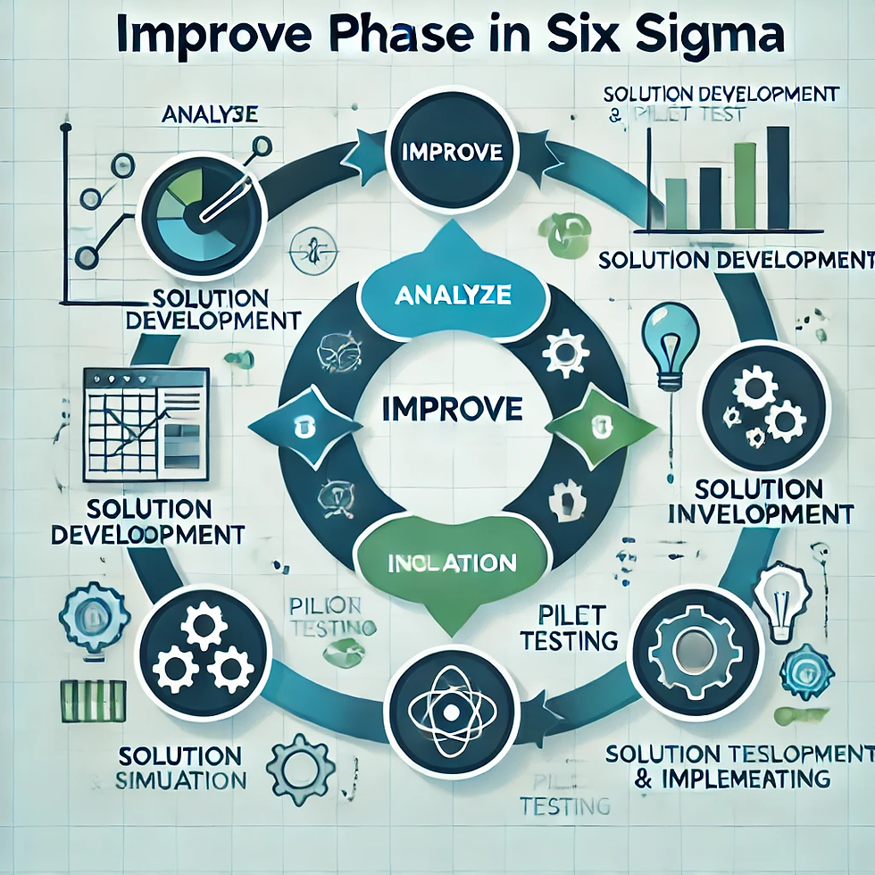 Zu sehen sind viele verscheidene Möglichleiten Lösungen in der Improve Phase von Six Sigma auszuprobieren und zu bewerten