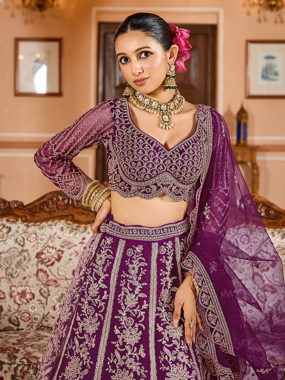 Thumbnail: Women's Designer Heavy Embroidered Net Lehenga Choli Set (Wine)
