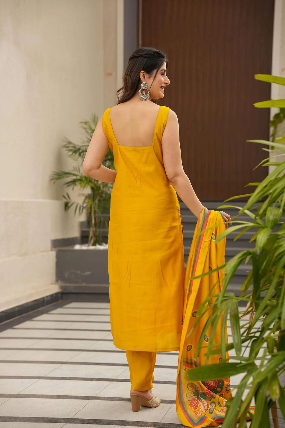 Thumbnail: Women's Readymade Designer Printed Silk Salwar Suit Set with Dupatta (Yellow)