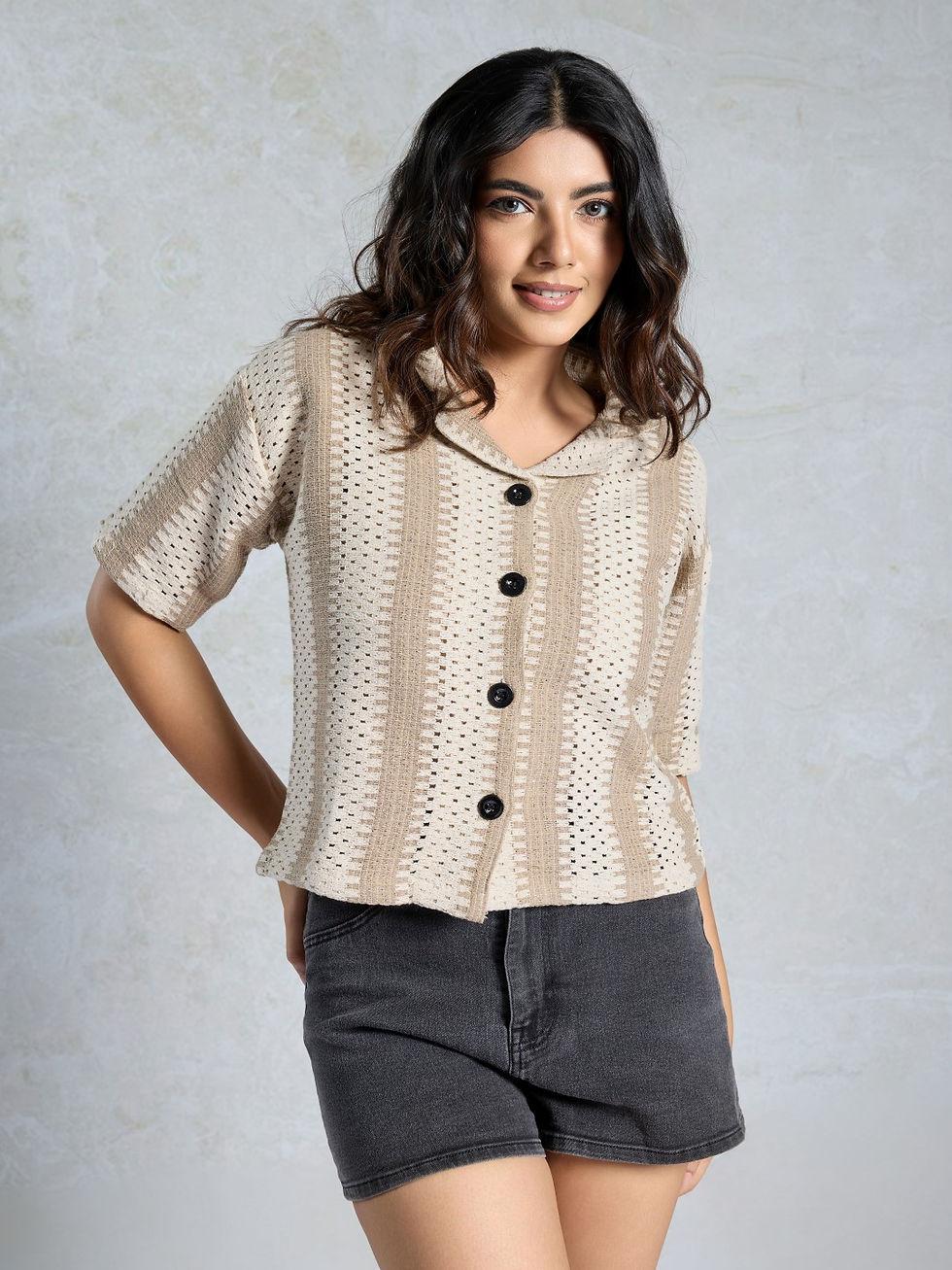 Elegant Stylish & Trendy Woven Designer Shirt for Women (Beige)