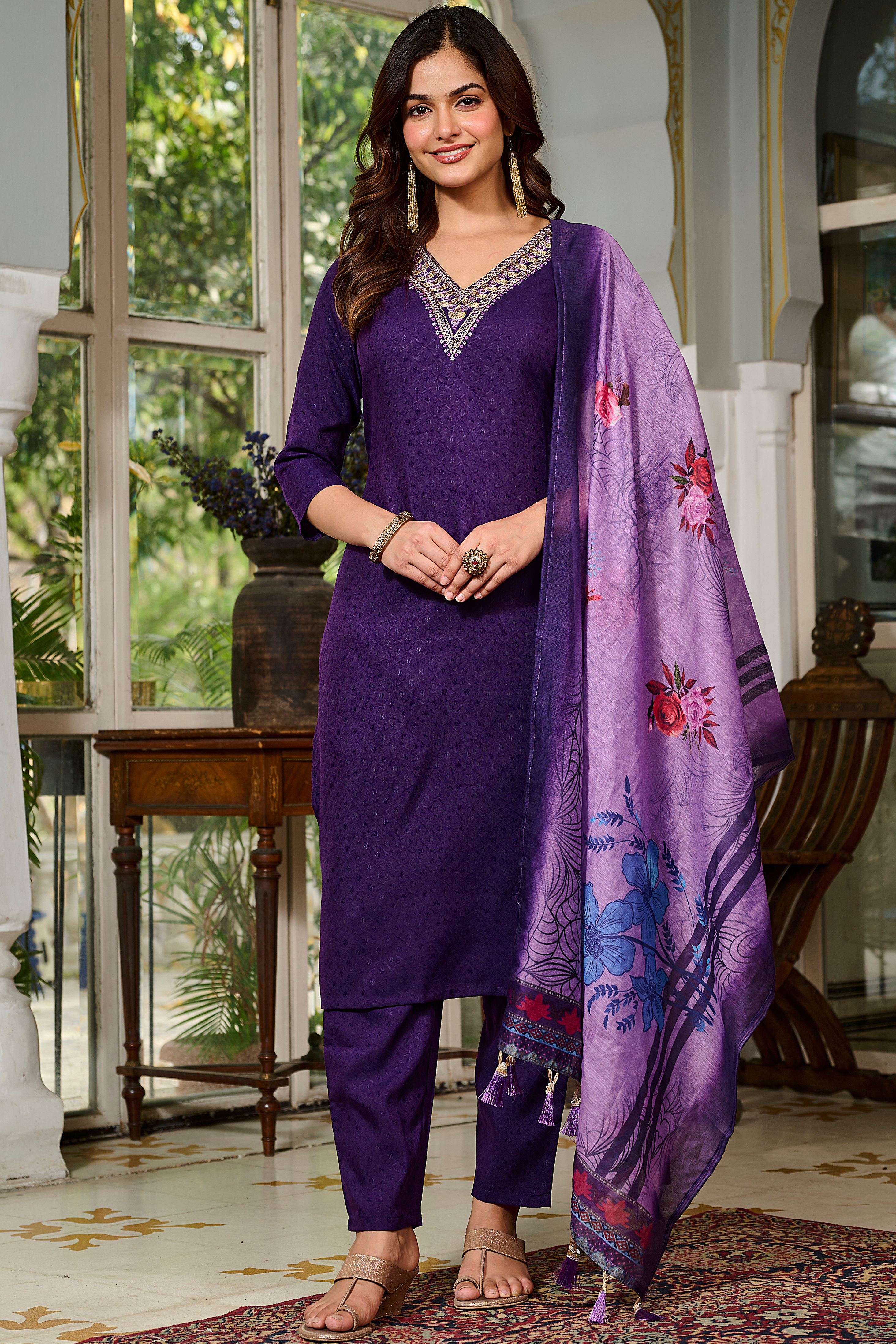 Women’s Readymade Viscose Rayon Salwar Suit Set & Dupatta(Purple)