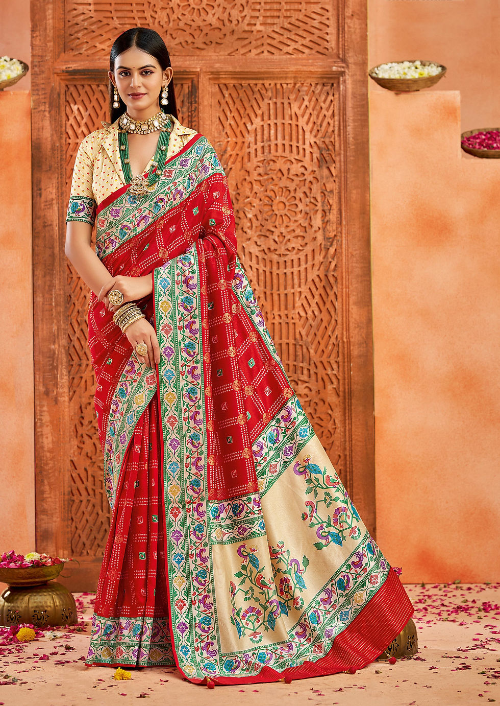 Designer Velvet Tussar Silk Saree | Paithani Pallu & Ghatchola Print with Blouse