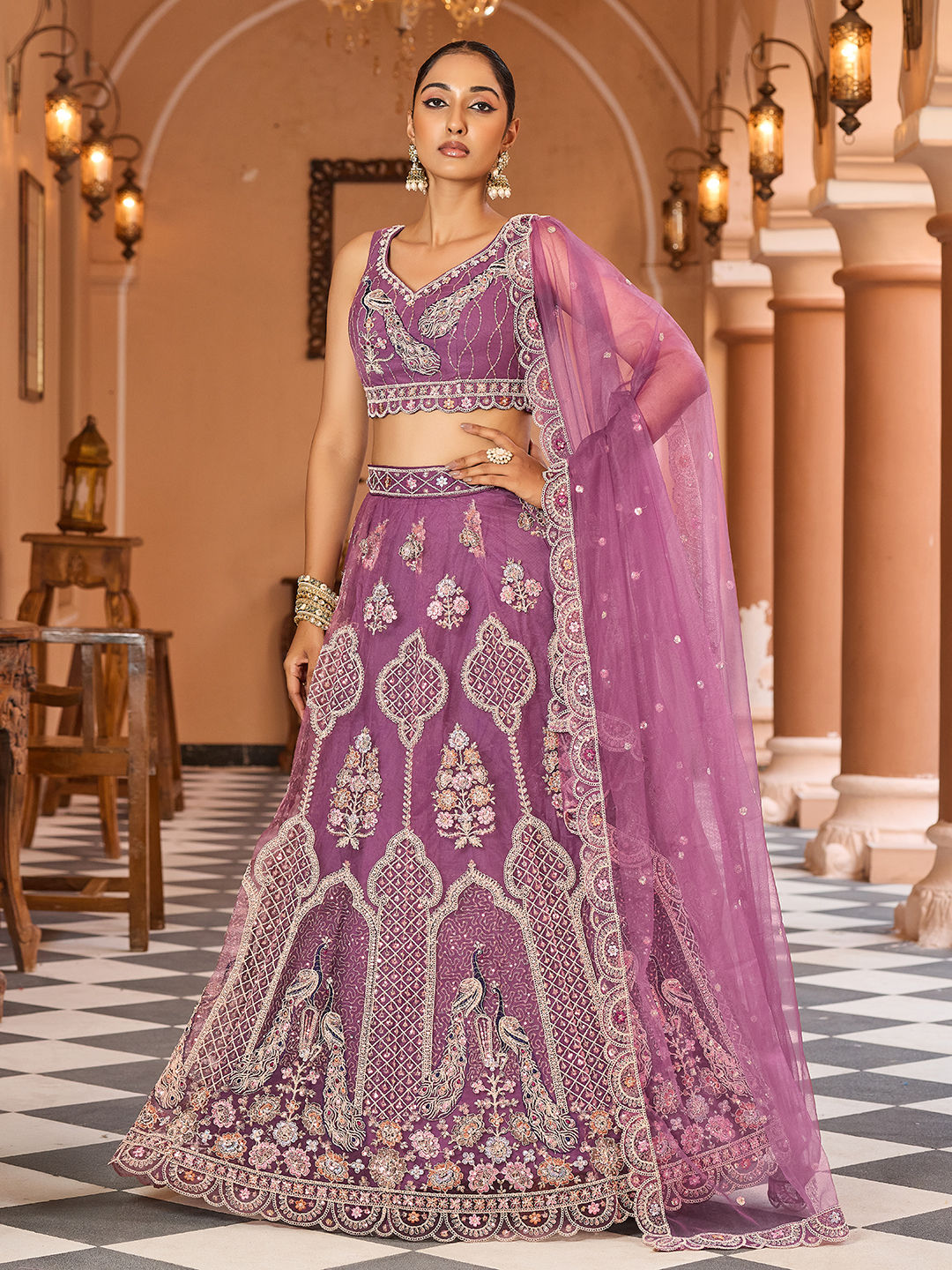 Women's Designer Heavy Embroidered Net Lehenga Choli Set (Lavender)
