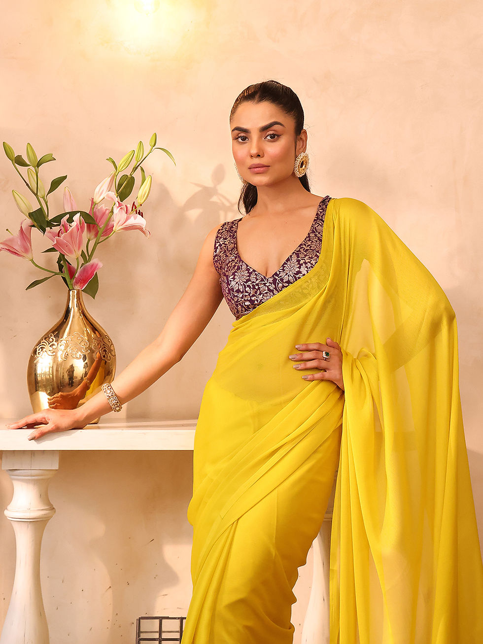 Thumbnail: Elegant Chiffon Saree with Art Silk Blouse (Yellow)