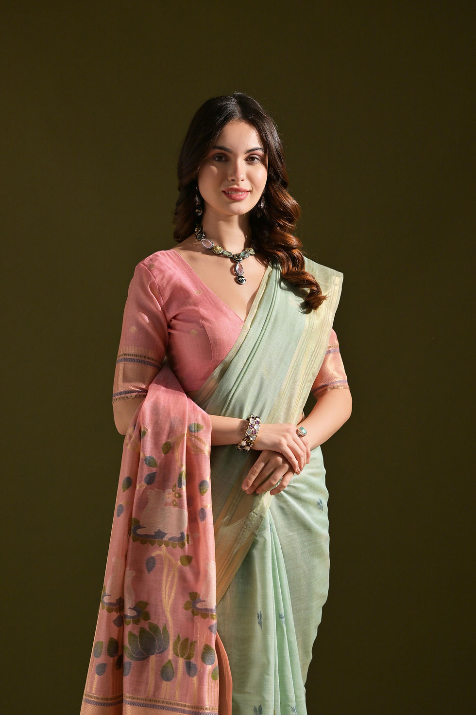 Thumbnail: Elegant Pink Muga Cotton Saree with Floral Weaving Design
