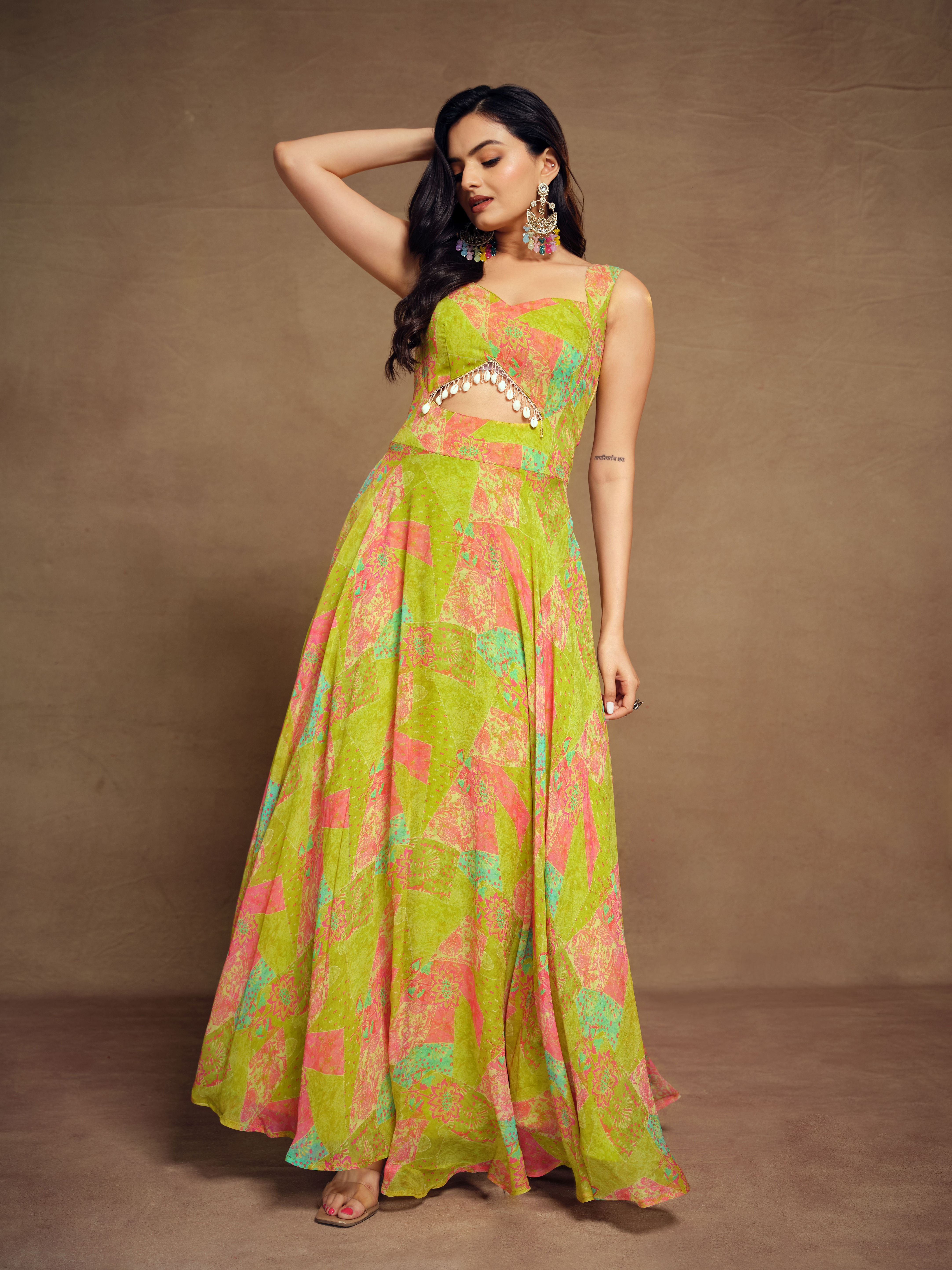 Readymade Designer Printed Western Dress For Women (Green)