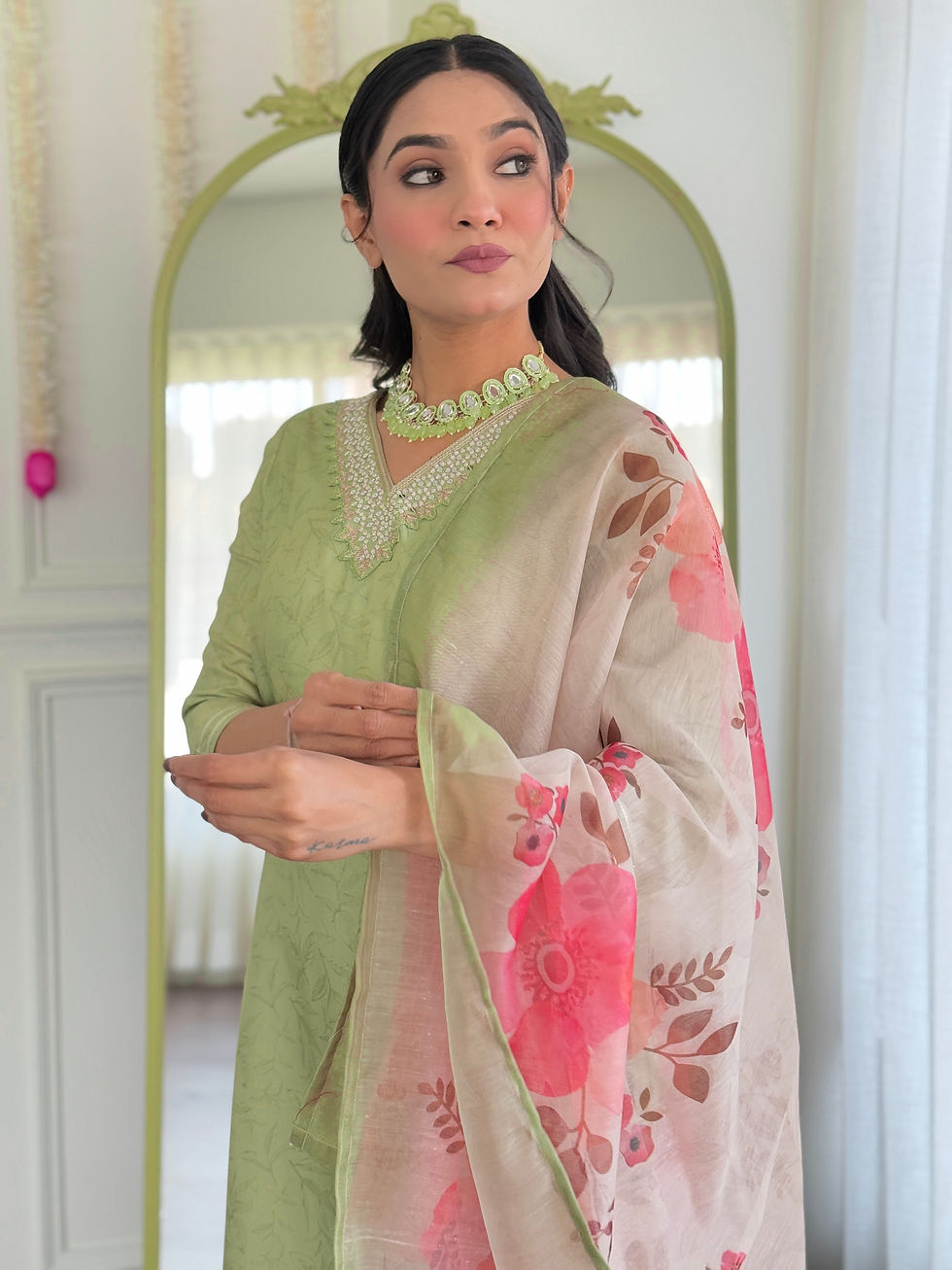 Thumbnail: Women’s Readymade Rayon Salwar Suit Set & Dupatta (Pista)