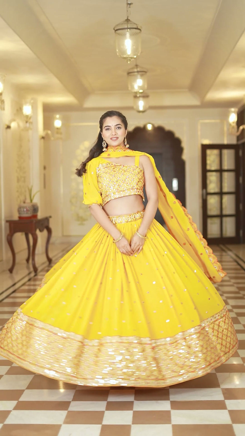 Thumbnail: Women's Designer Georgette Semi-Stitched Lehenga Choli Set (Yellow)
