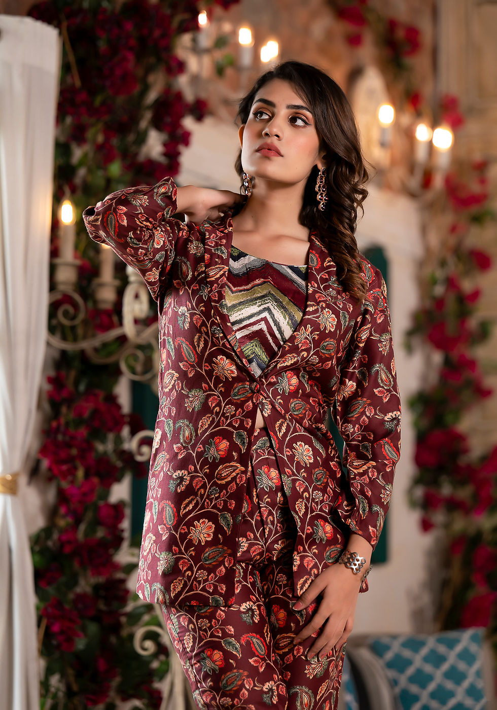 Thumbnail: Readymade Printed and Hand Worked Satin Co-Ord Set With Top, Bottom & Jacket