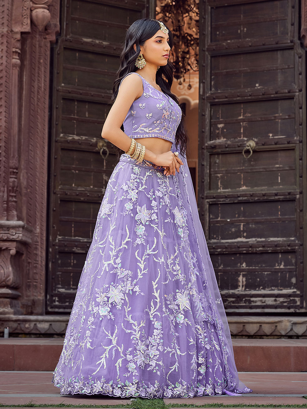 Thumbnail: Women's Designer Heavy Embroidered Net Lehenga Choli Set (Lavender)