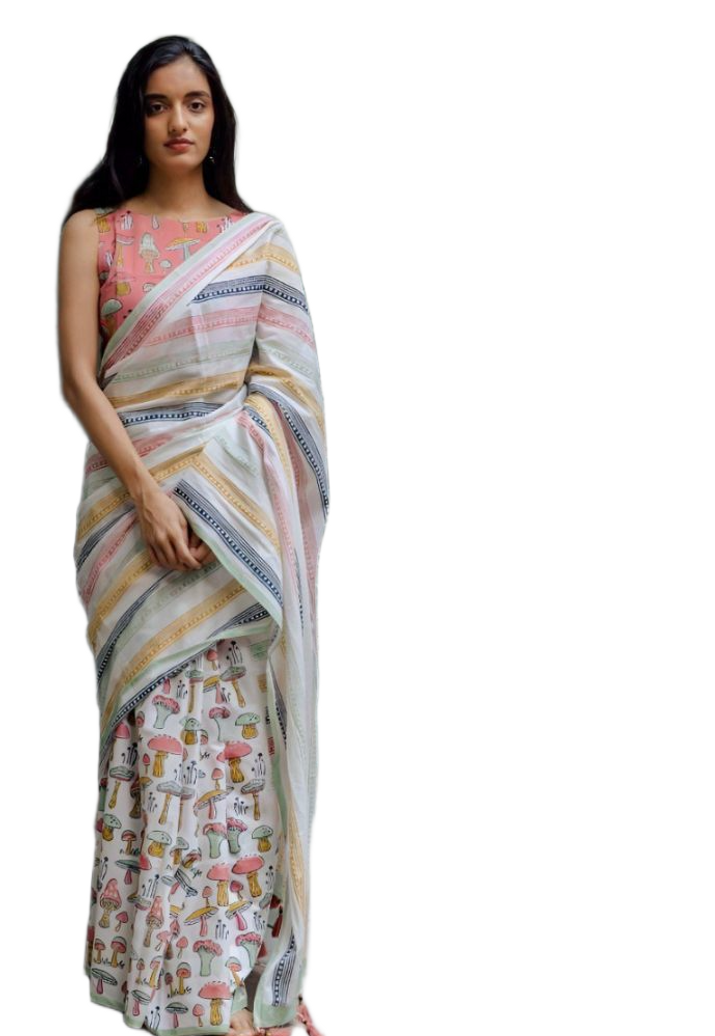 Thumbnail: Women's Linen Cotton  Digital Print Saree With Unstitched Blouse Piece