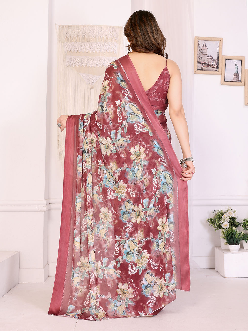 Thumbnail: Elegant Floral Print Moss Satin Patta Saree with Matching Blouse