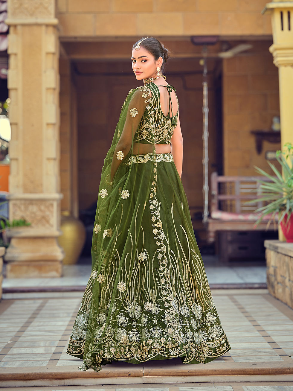 Thumbnail: Women's Designer Net Embroidered Semi-Stitched Lehenga Choli Set (Mehendi)