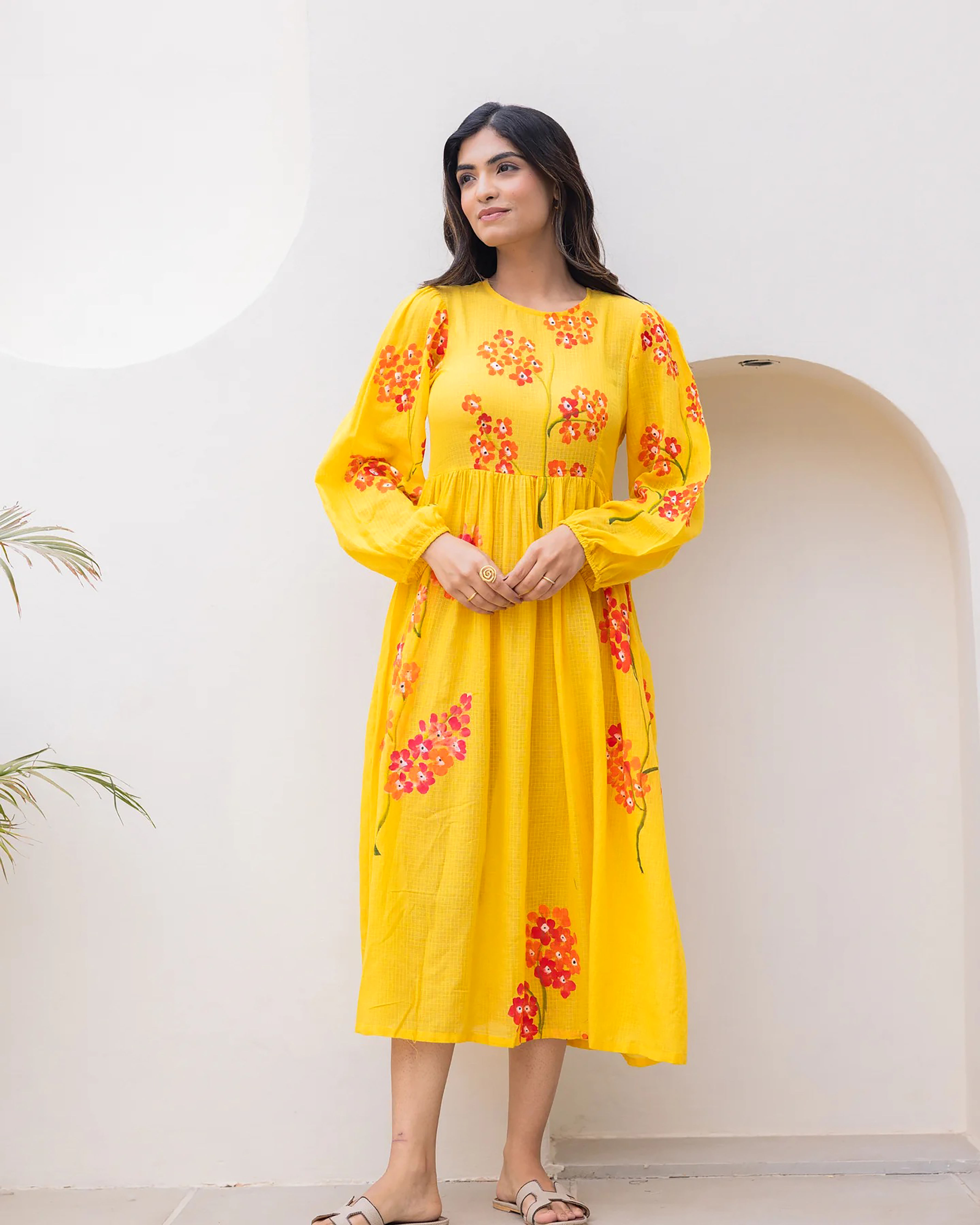 Women’s Elegent Printed Kota Checks Long Kurti (Yellow)