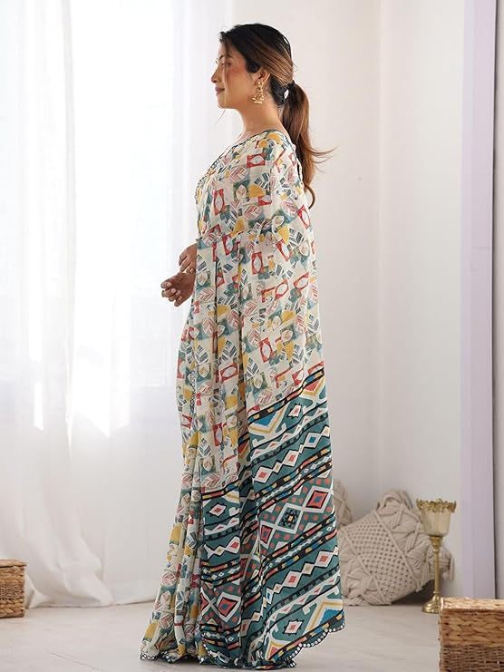 Thumbnail: Women's Georgette Stylish Mirror Work Saree With Blouse Piece (White)
