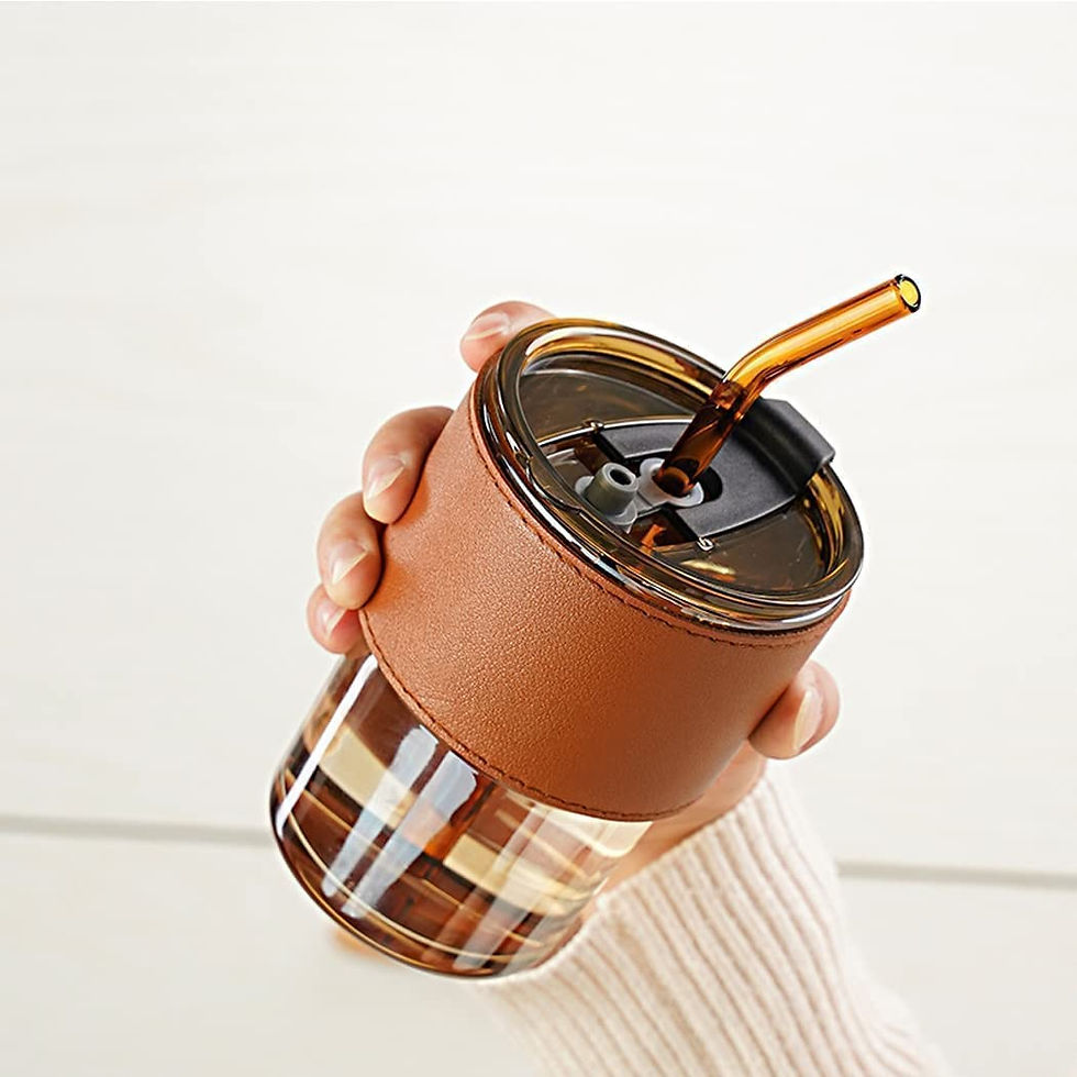Thumbnail: Glass Sipper Tumbler Mug With Leather Grip Sleeve For Home & Office Use (400ML)
