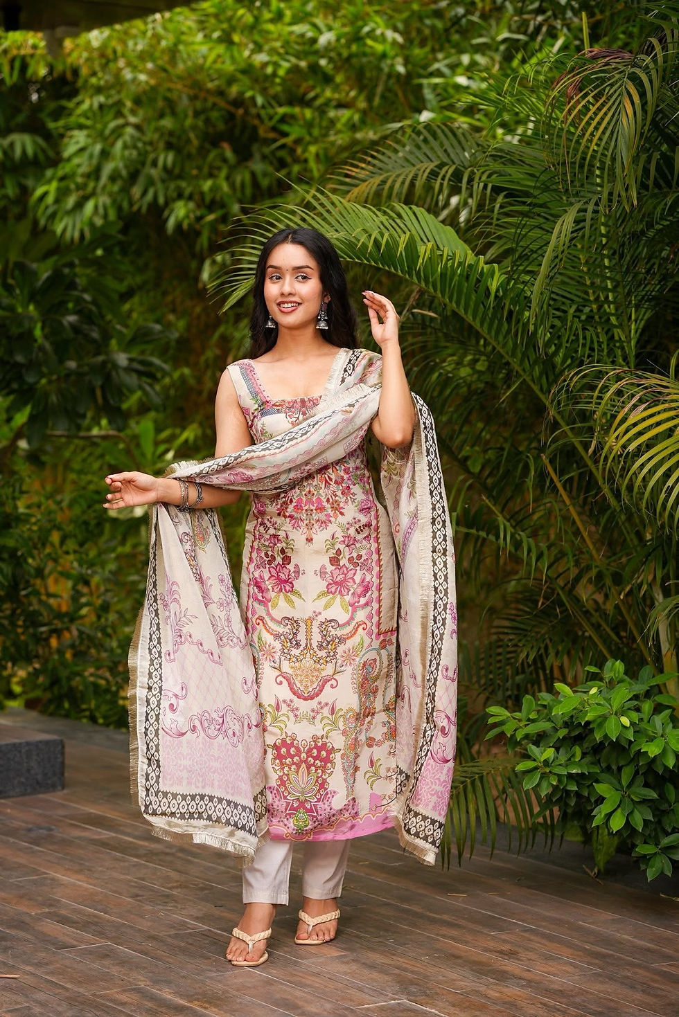 Thumbnail: Women's Readymade Designer Printed French Crepe Salwar Suit Set (Cream))