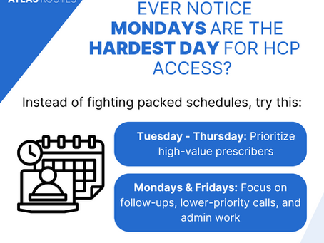 Pharma Sales Routing schedule avoid Mondays