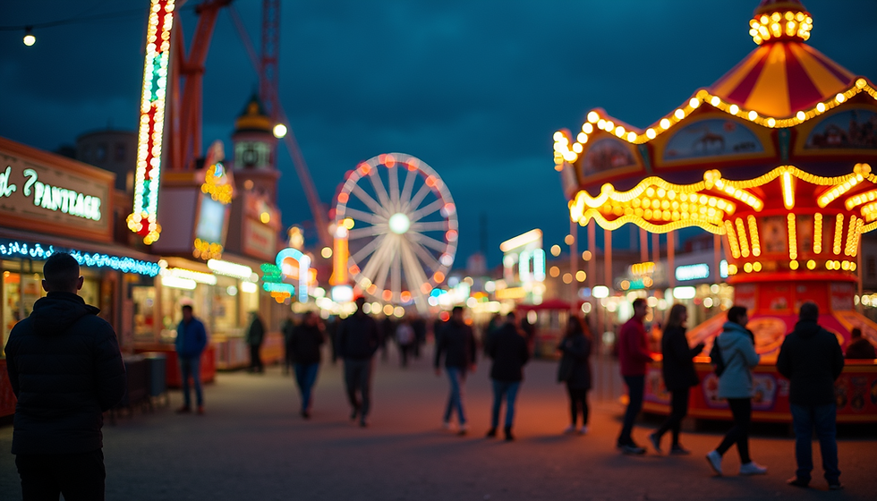 People stroll along a brightly lit fairground at dusk, featuring a Ferris wheel and carousel. Neon lights create a lively, festive mood.