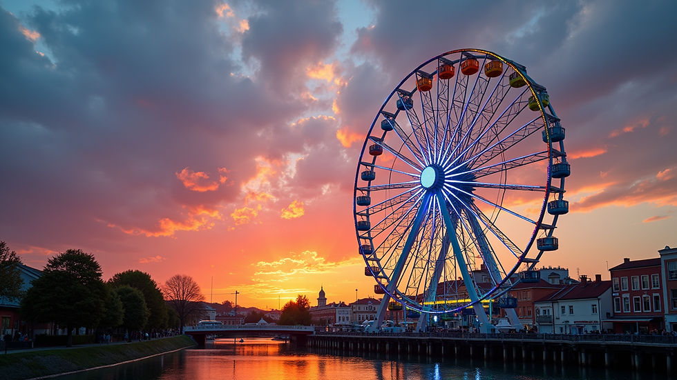 Wide angle view of a colorful Ferris wheel at sunset