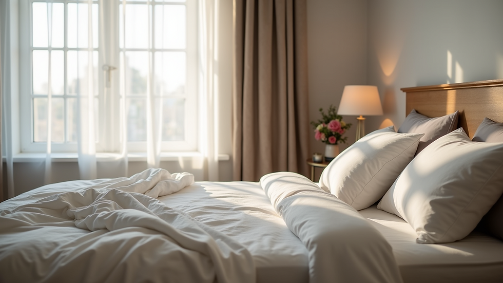 Eye-level view of a cozy bedroom featuring a neatly made bed with soft linens