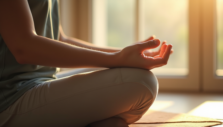 Close-up view of a person meditating on a mat with soft natural light