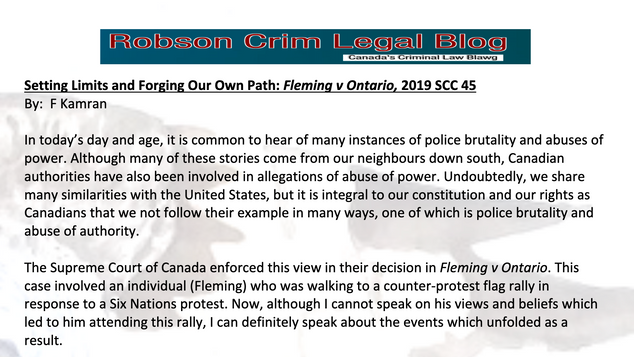 Setting Limits and Forging Our Own Path: Fleming v Ontario, 2019 SCC 45 By: F Kamran