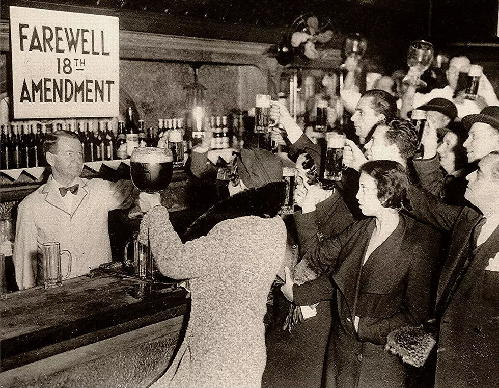 Farewell 18th Amendment, women drink at a bar with giant glasses of beer