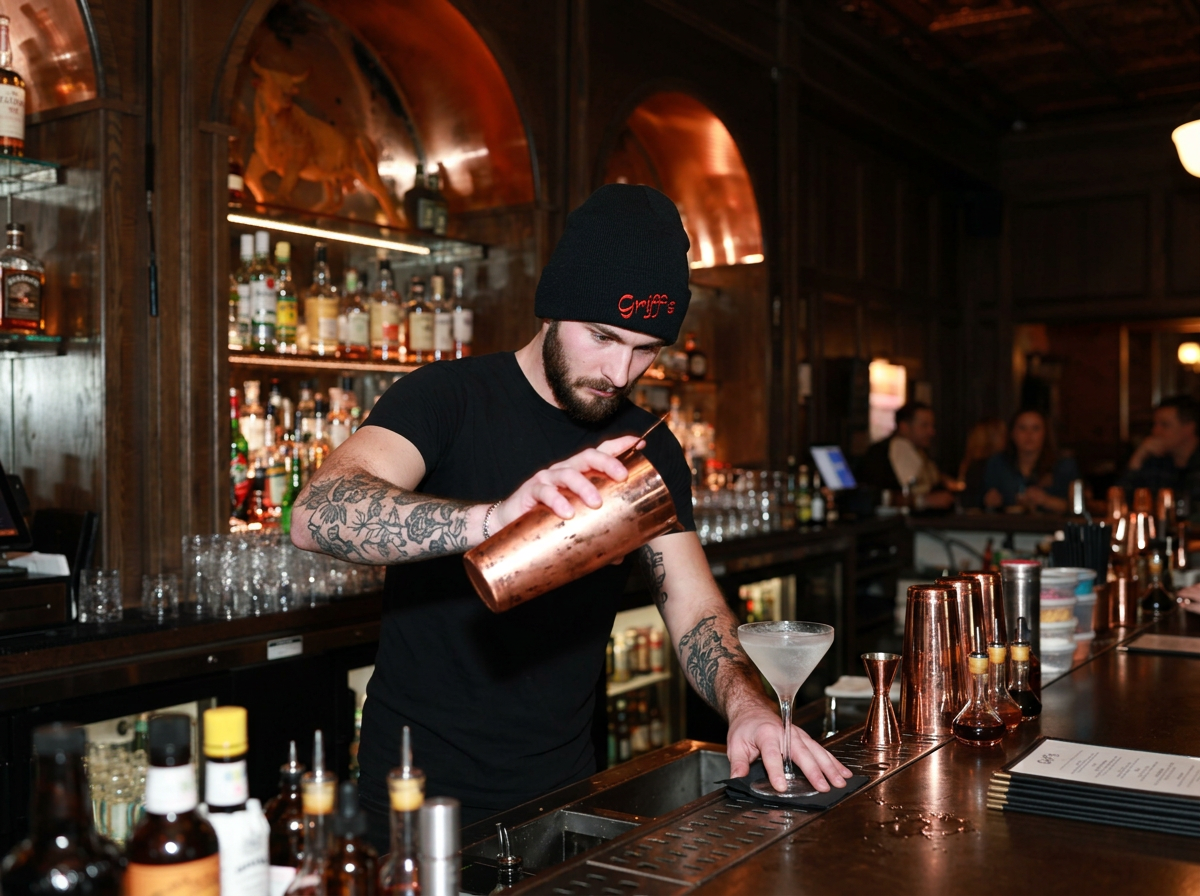 A bartender wears a black Griff's beanie behind the bar, while pouring a martini into a coupe glass