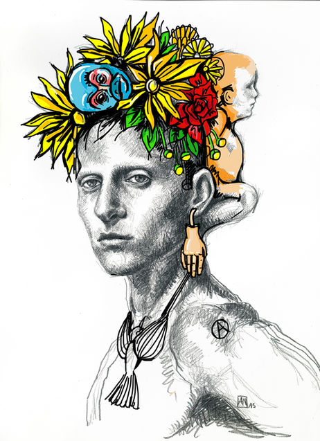 Mixed media drawing of a woman with flowers and a monkey on her head
