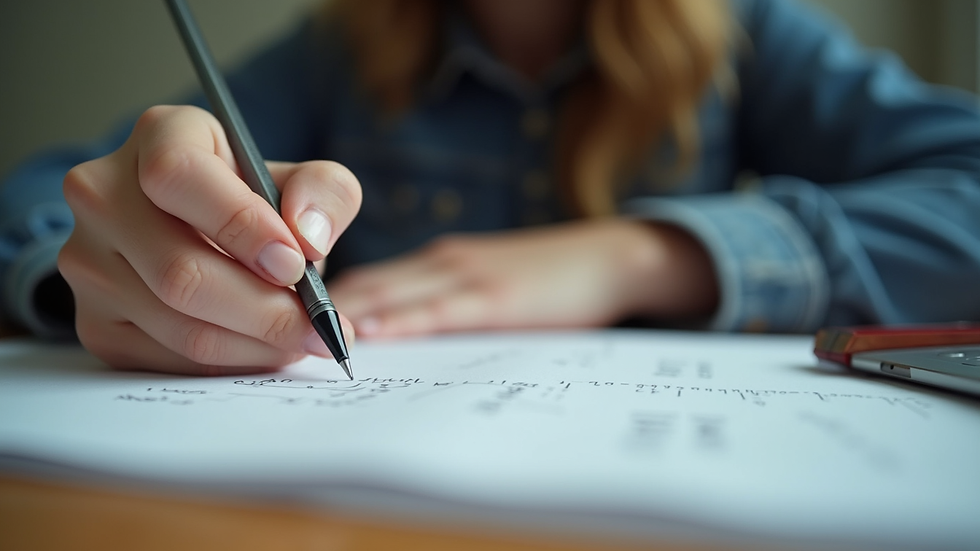 High angle view of a student writing maths notes during an online tutoring session