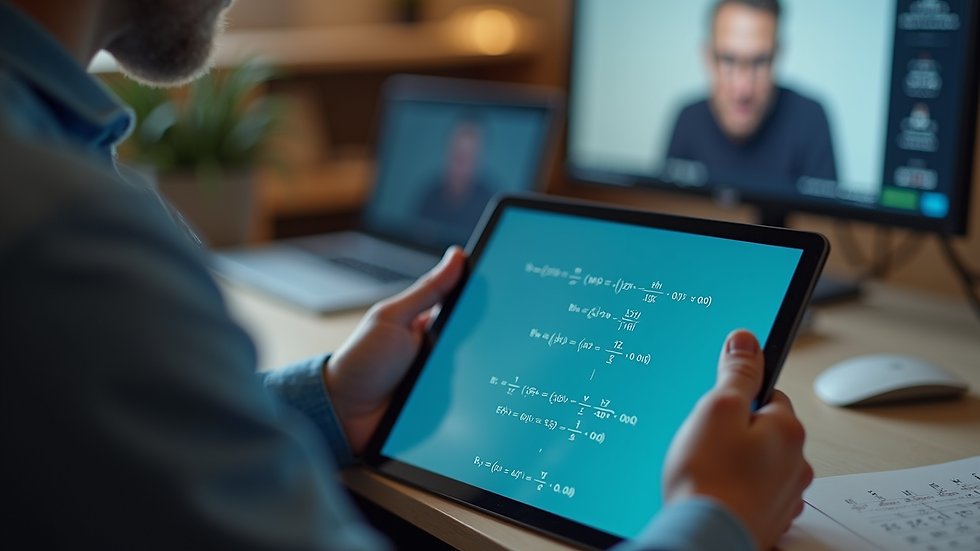 Close-up view of a digital tablet showing maths equations during an online tutoring session