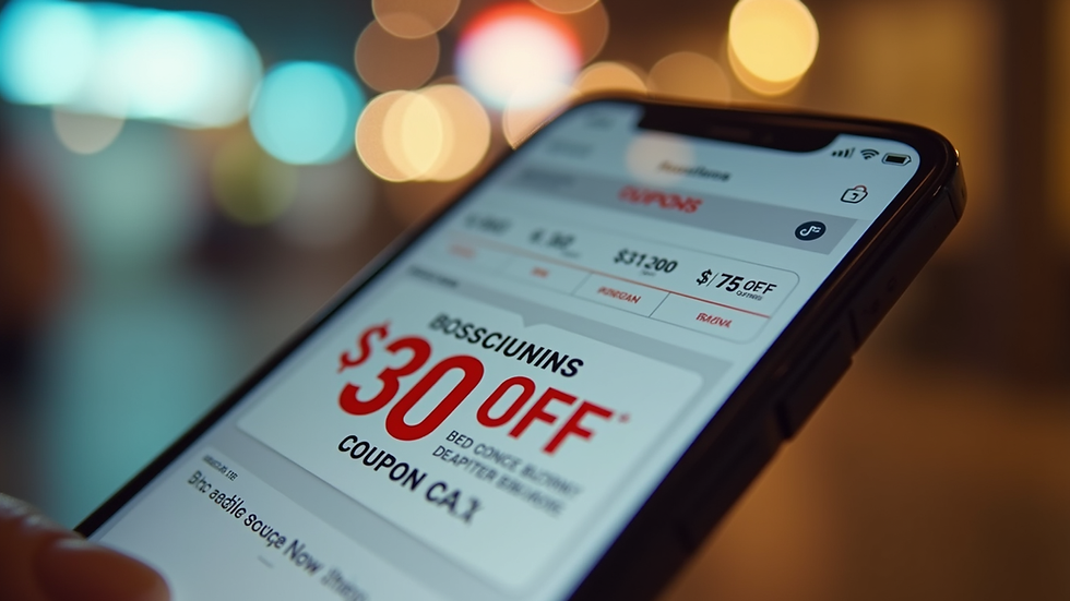 Close-up view of a smartphone displaying discount coupons
