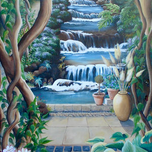 Waterfall scene trompe l'oeil mural