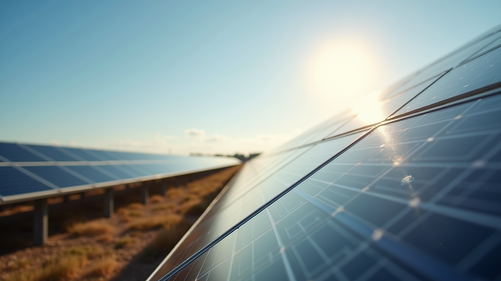 Eye-level view of a solar farm with rows of solar panels under a clear sky