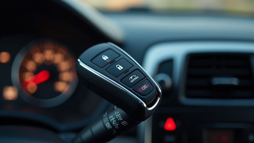 Eye-level view of a Hyundai car key fob on a car dashboard