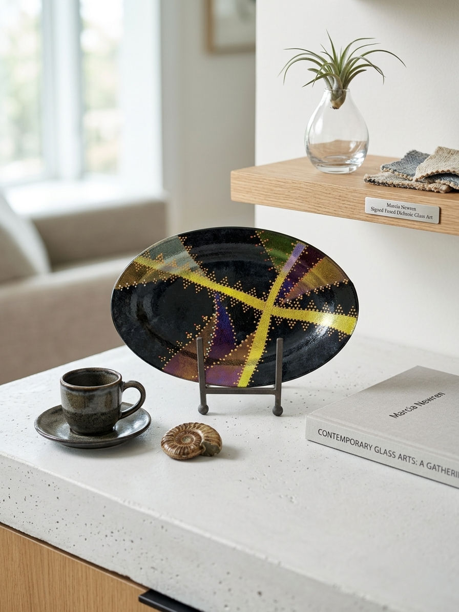 Thumbnail: Rare Marcia Newren Signed Fused Dichro Art Glass Oval Dish Iridescent Statement